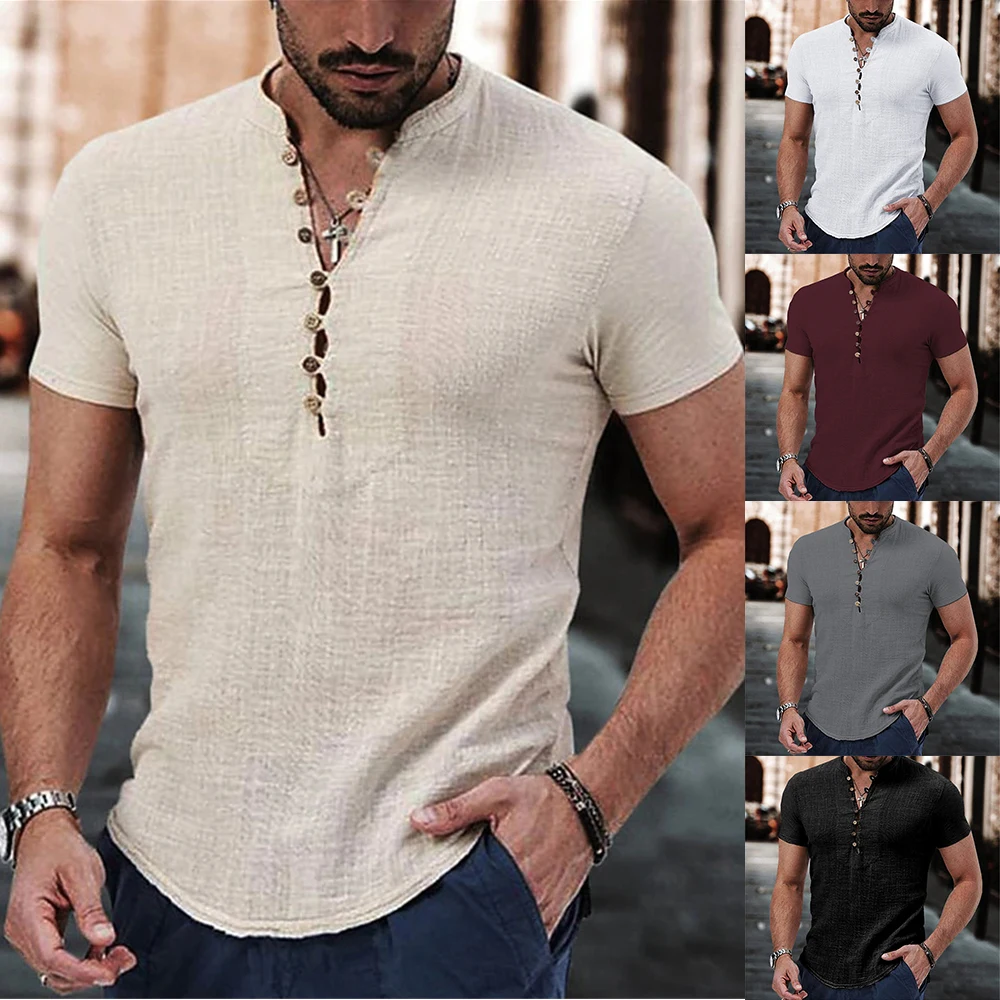 

2023 Summer Men'S Cotton Linen Shirt Short Sleeve Breathable Shirts Solid Color Casual Basic Cotton Linen Shirt Tops Hemp Shirt