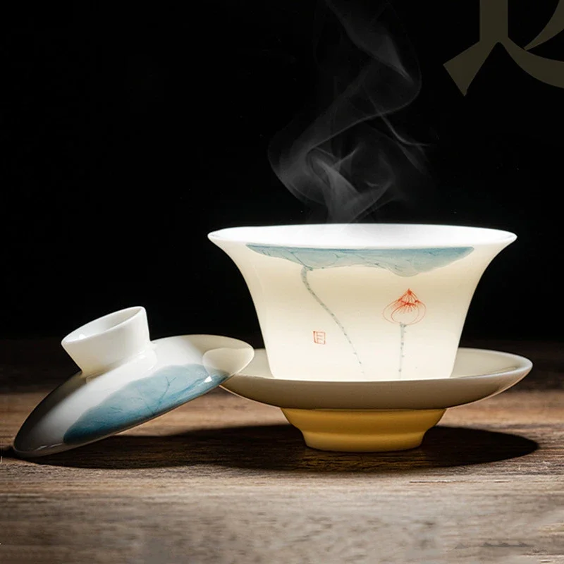 120/140ml Hand-painted Goat Fat Jade White Porcelain Gaiwan Household Ceramic Tea Infuser Traditional with Cover Teacup