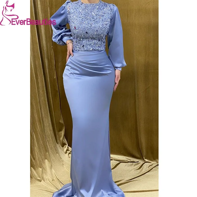 

Muslim Prom Dress for Women Satin Beaded Dubai Mermaid Long Sleeves Evening Dress Arabia Vestidos De Fiesta Elegantes Para Mujer