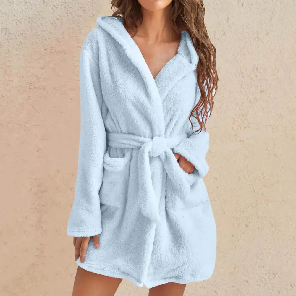 Plush Women Bathrobe Lace Up Winter Sleeping Gown Robes Sleepwear Cardigan Tight Waist Plush Water Absorption Nightgown