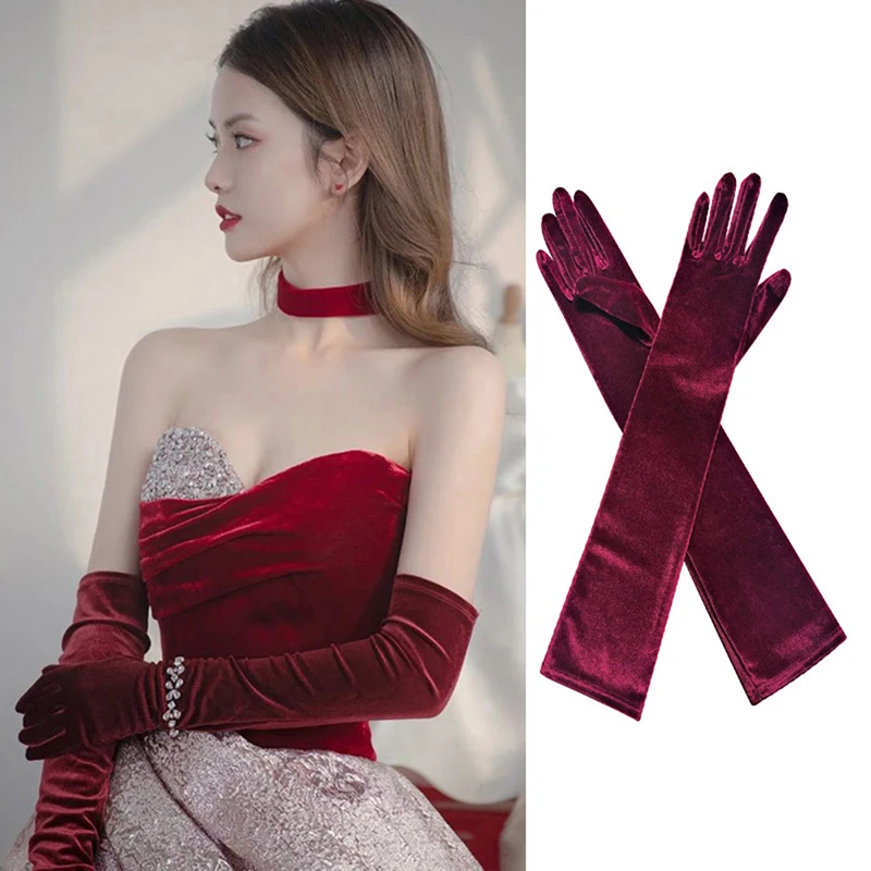 

1Pair Christmas Party Noble Banquet Style Women Velvet Long Dinner Dress Gloves Warm Driving Gloves