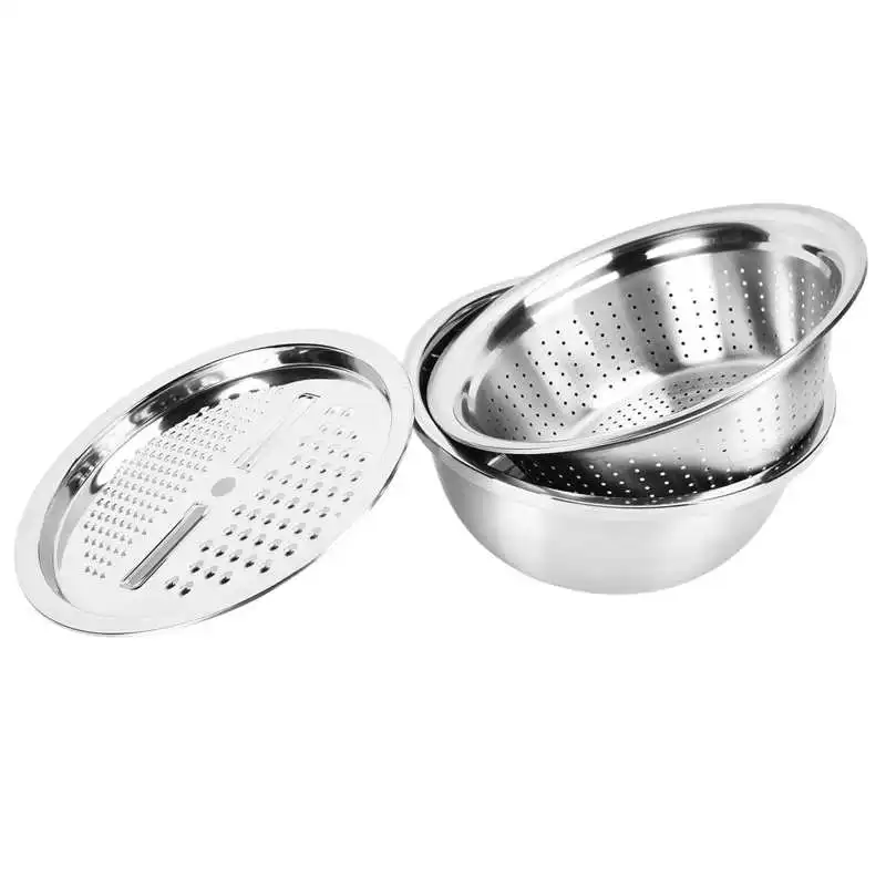 

3 In 1 Stainless Steel Drain Basin Set Vegetable and Fruit Cut Kneading Basin Cutting Plate Rice Sieve Pot Kitchen Tool