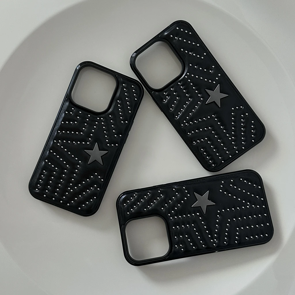 Black Willow Gothic Nail Metal Pentagram Star Leather Lanyard Phone Case