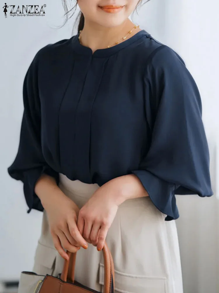 

Весна 2024, Элегантная Женская атласная блузка ZANZEA с оборками, блузка с круглым вырезом, рандомные топы, Повседневная Свободная блузка на пуговицах, Женская Шифоновая туника