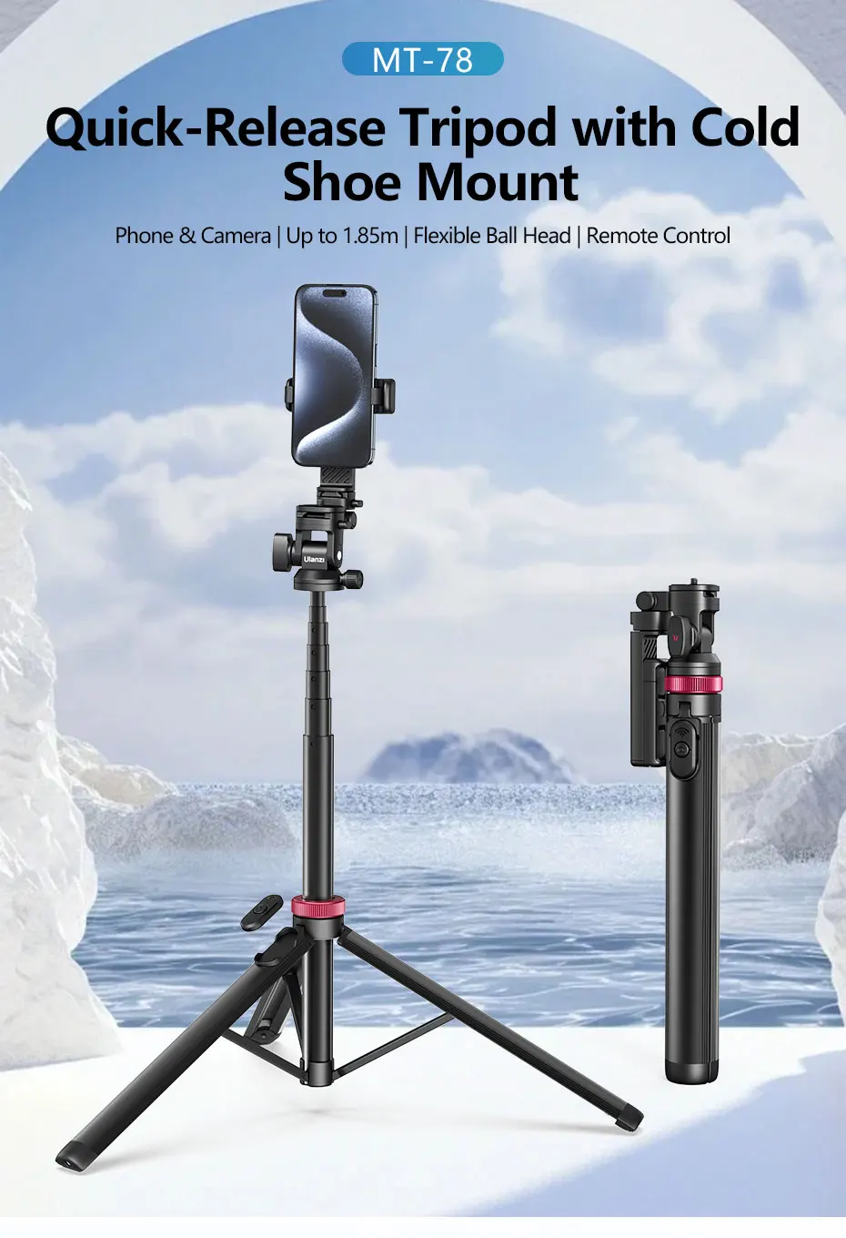 MT-78 1.85M Quick Release Tripod with Remote Phone Holder Cold Shoe Mount 1/4''
