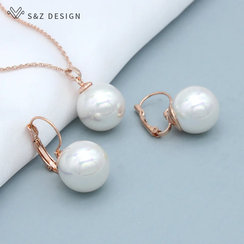 S&Z DESIGN New Fashion Round Simulated Pearl Dangle Earrings Jewelry Sets For Women Wedding 585 Rose Gold Color Necklace