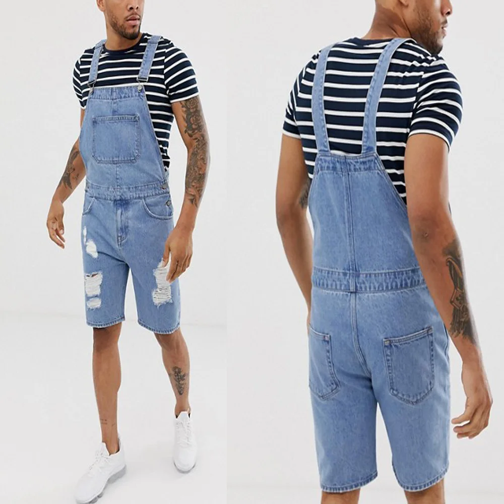 Mens Overalls Suspenders Denim Jeans Short Rompers Summer Streetwear Men Ripped Jeans Pantalones Vaqueros Hombre