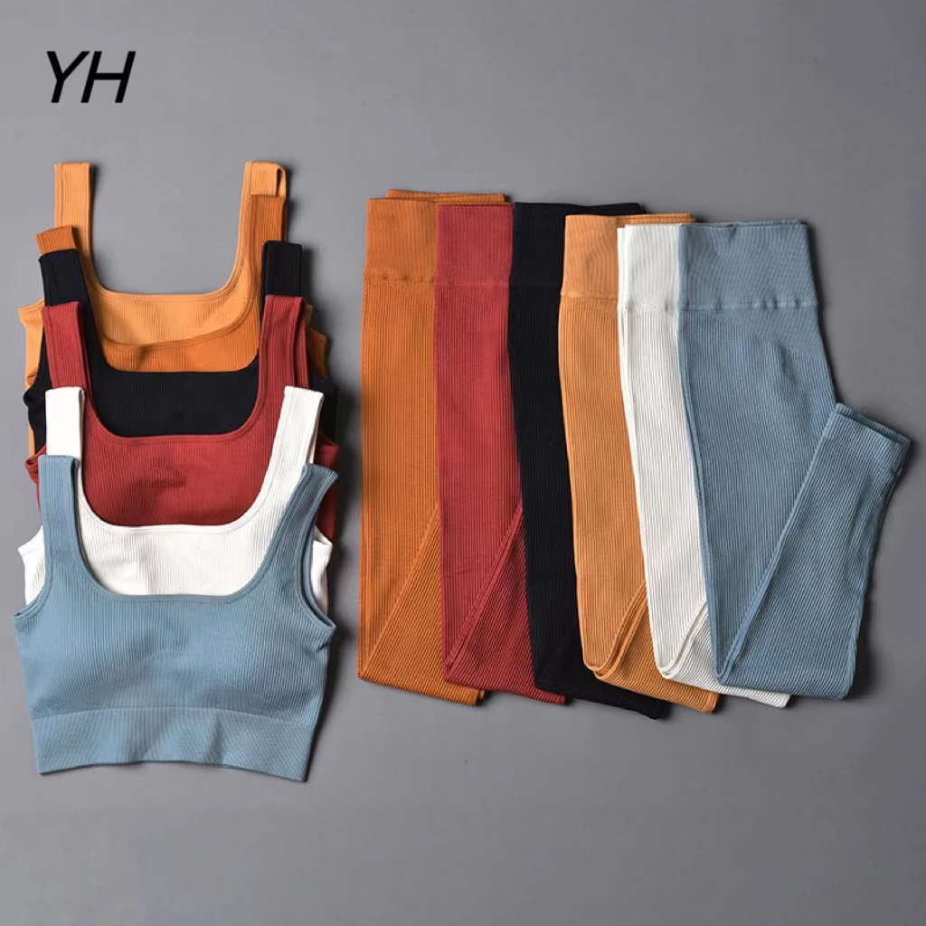 Ribbed Yoga Clothing Sets Women High Waist Leggings And Top Two Piece