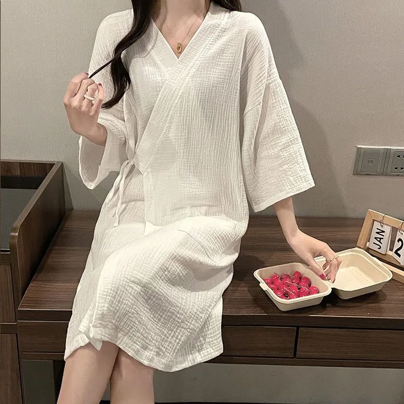 Baby Yarn Cotton Linen Solid Color Home Simple Fashion Medium Length Over The Knee Nightdress Can Be Worn Outside The Robe Woman