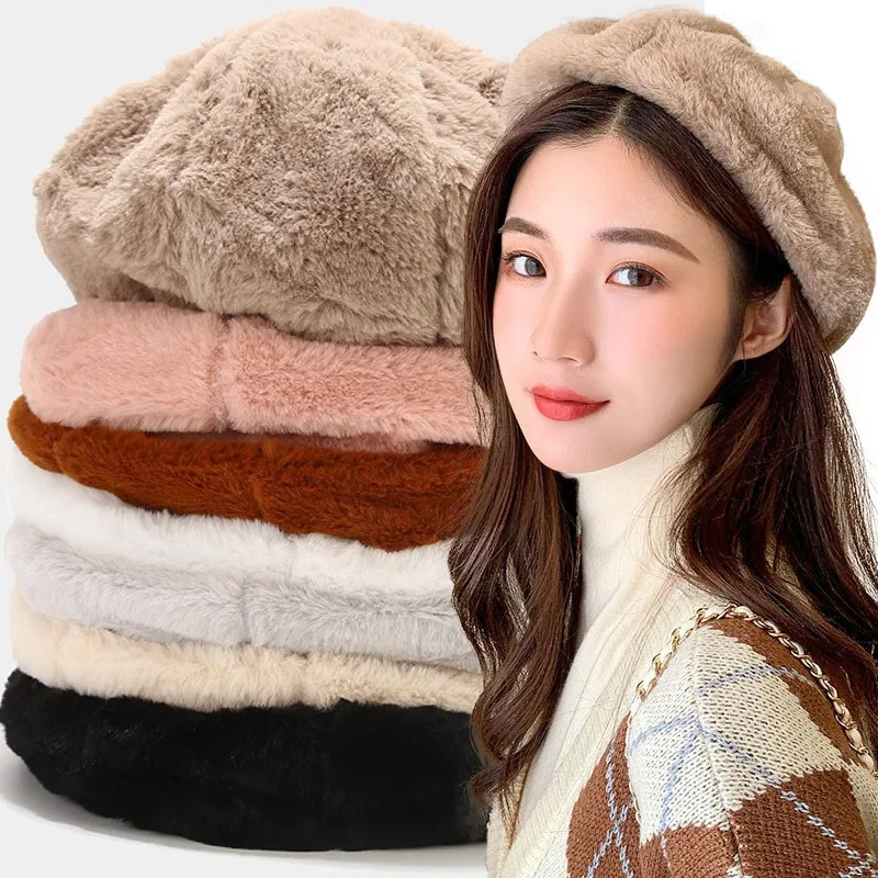 

Новинка 2023, плюшевый берет, женская зимняя шапка для женщин, плоская шапка, вязаные кашемировые шапки, женские береты для девочек, шапка, женская шапка художника