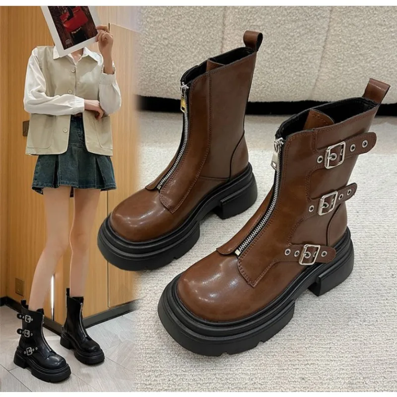 

Женские ботинки на высокой платформе, с шипами, весна-лето, рыцарская Боевая Готическая элегантная обувь на среднем каблуке, Женская мотоциклетная обувь