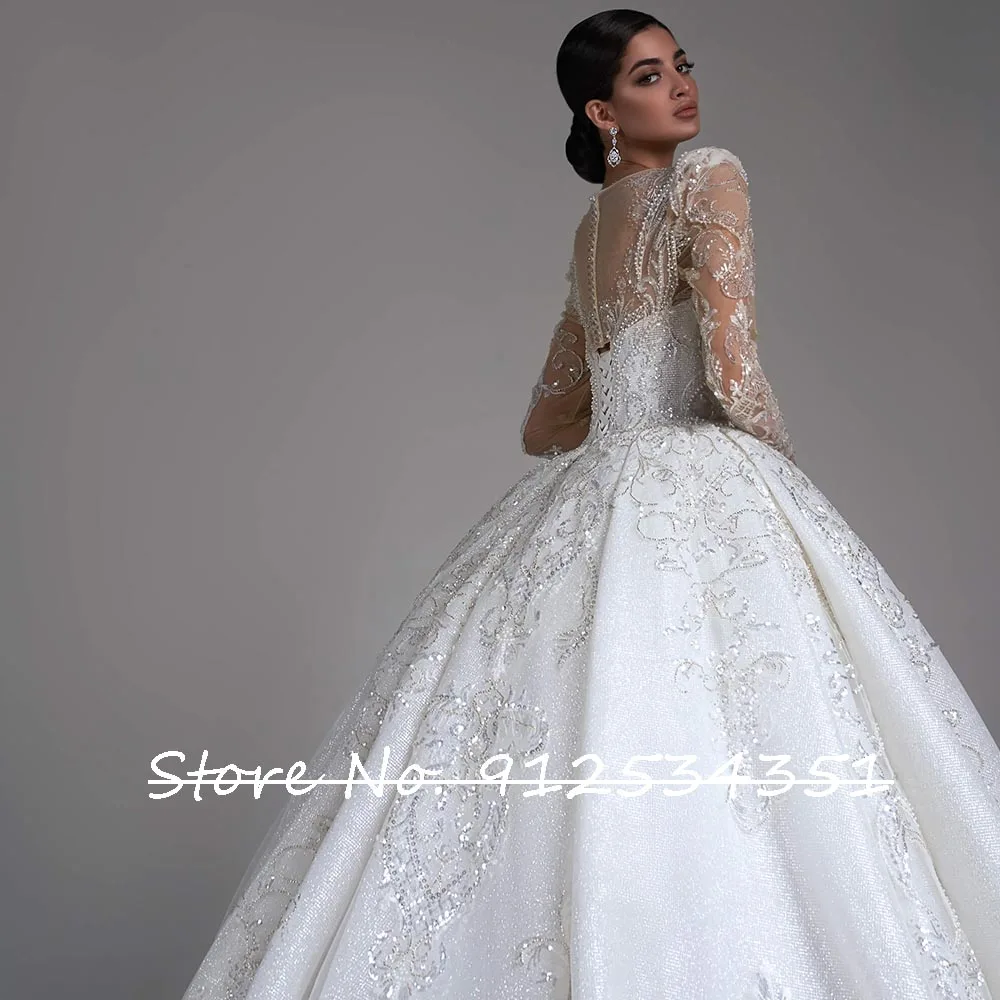 Hochzeitskleid Long Sleeve Ball Gown Wedding Dress Illusion Back Luxury Robes De Mariage Sequined Beading Vintage Brautkleid