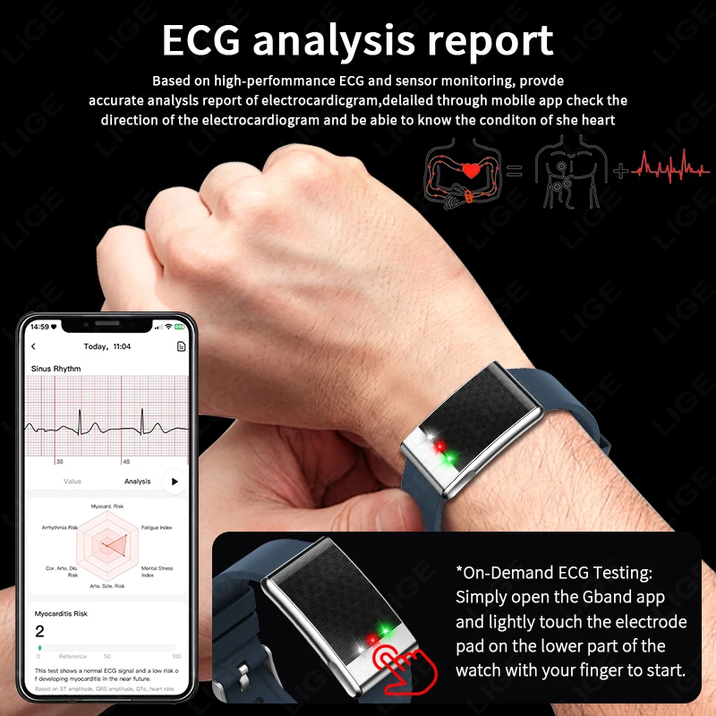 LIGE ECG+PPG Smart Bracelet Men Women Uric Acid Body Fat Body Temperature BP Blood Oxygen Health Smartwatch Sports Fitness Band