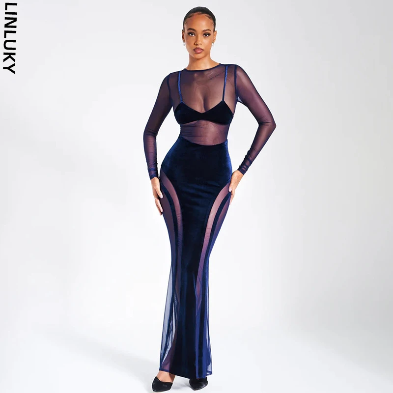 

2023 New Fashion Sexy Long Sleeve Mesh Splice Perspective Dress For Women Club Party Evening Long Dresses Woman Clothing