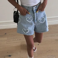 Korean Summer Y2K High Waist Jorts LOVE Heart Shaped Pattern Women's Denim Shorts Casual Jeans Chic Straight Washed Hot Pants - Image 2