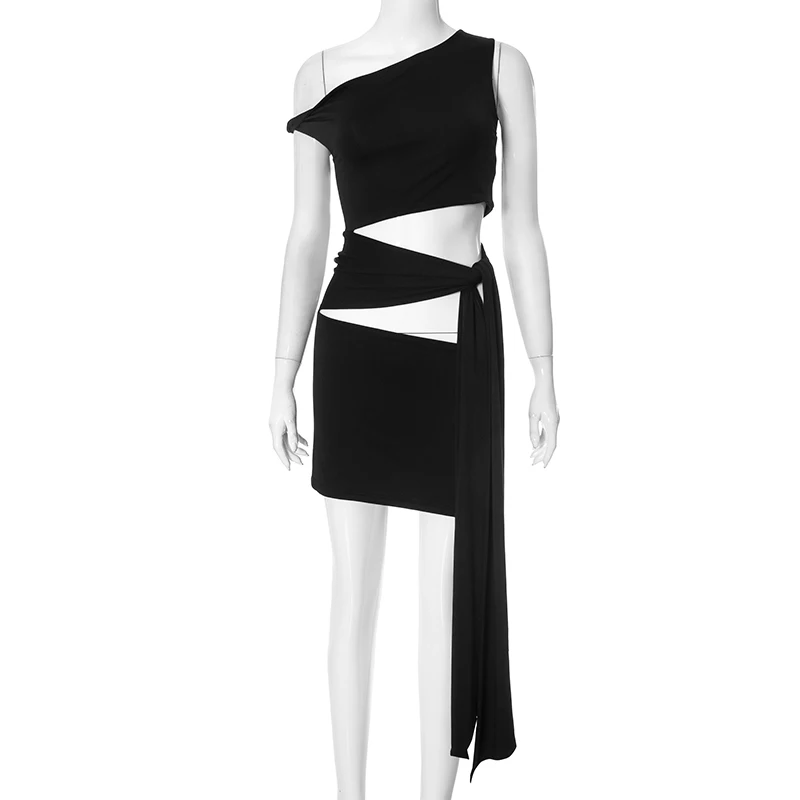 CUTENOVA Summer Solid Color Oblique Collar Strapless Sleeveless Slim Tie Short Dress Hollow Out Sexy Package Hip Dress Fashion 6