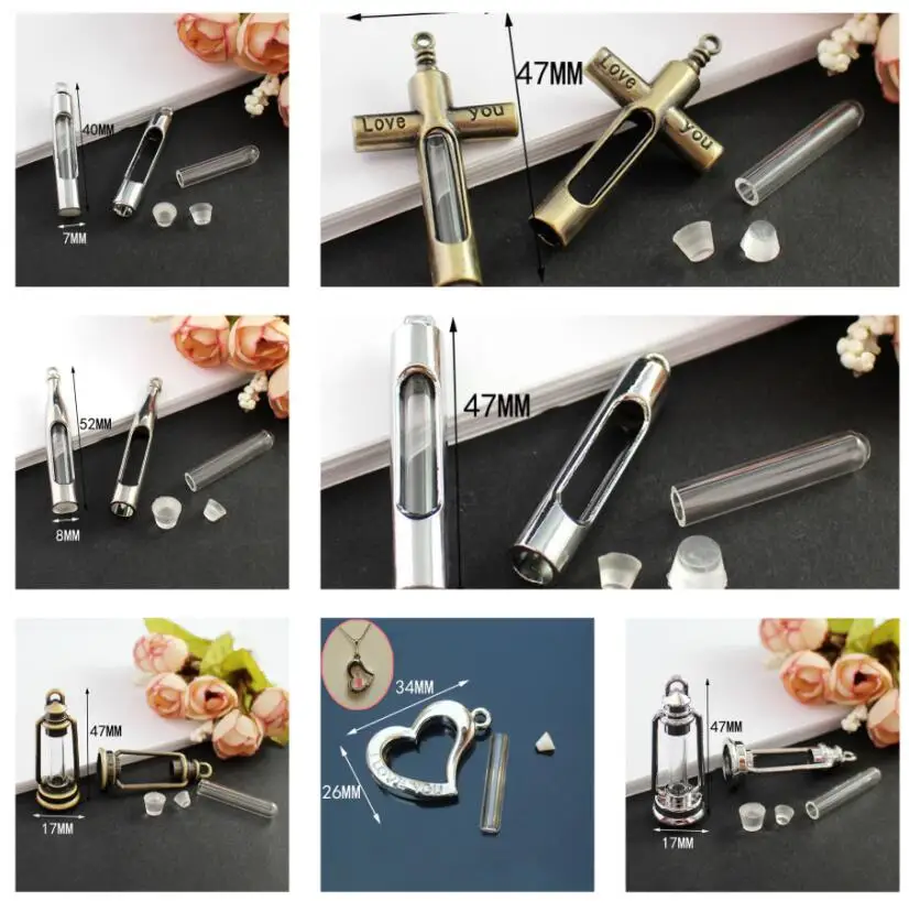5X Tube/Heart/Cross/Lantern Glass Vial Locket Copper Container Write On Rice Art Bottles Lucky Perfume Oil Wishing Bottles Gift 6