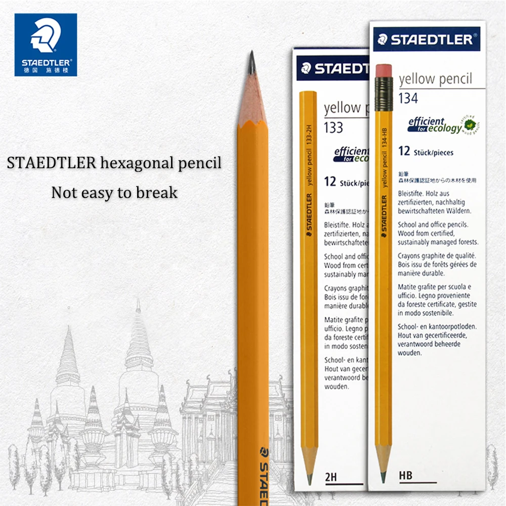 12Pcs/Box German STAEDTLER Pencil 134 Yellow Pole Student Exam