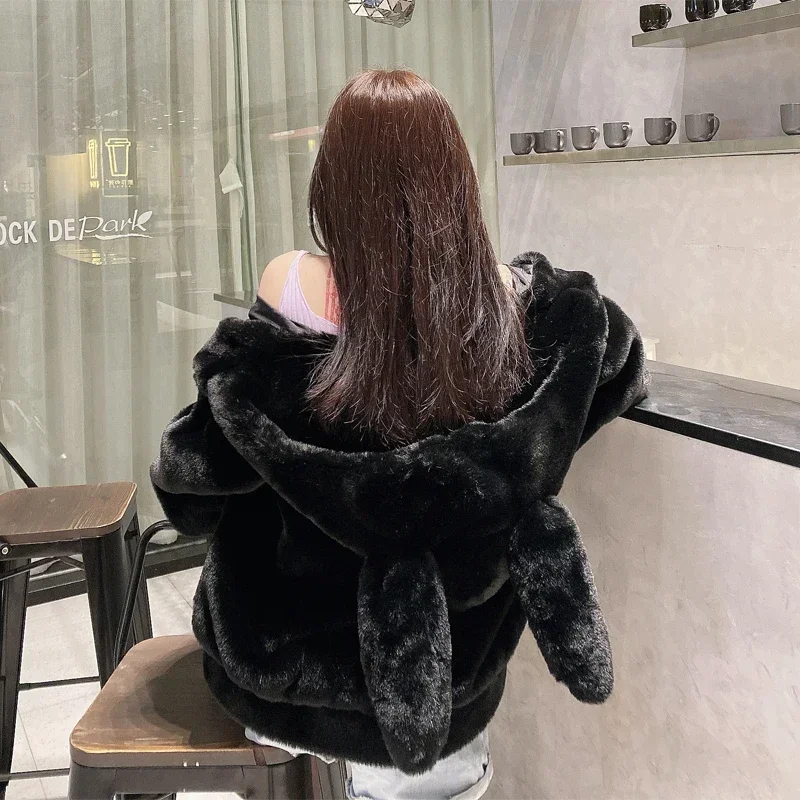 2023 Winter New Rabbit Fur Environmental Protection Fur Thickened Fleece Velvet Coat Female Cute Ears Hooded Mid-Length Coat