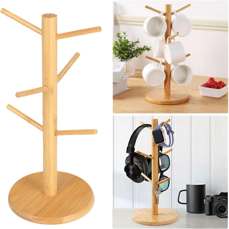 Bamboo Mug Holder 6 Hook Coffee Mug Tree Holder Mug Hanging Display Rack Drinkware Shelf Tea Cup Storage Holder Stand Kitchen To 2
