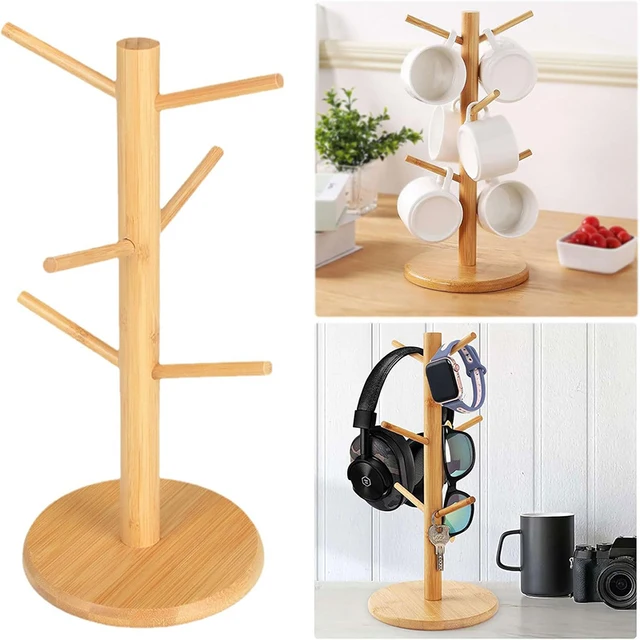 Bamboo Mug Holder 6 Hook Coffee Mug Tree Holder Mug Hanging Display Rack Drinkware Shelf Tea Cup Storage Holder Stand Kitchen To 2