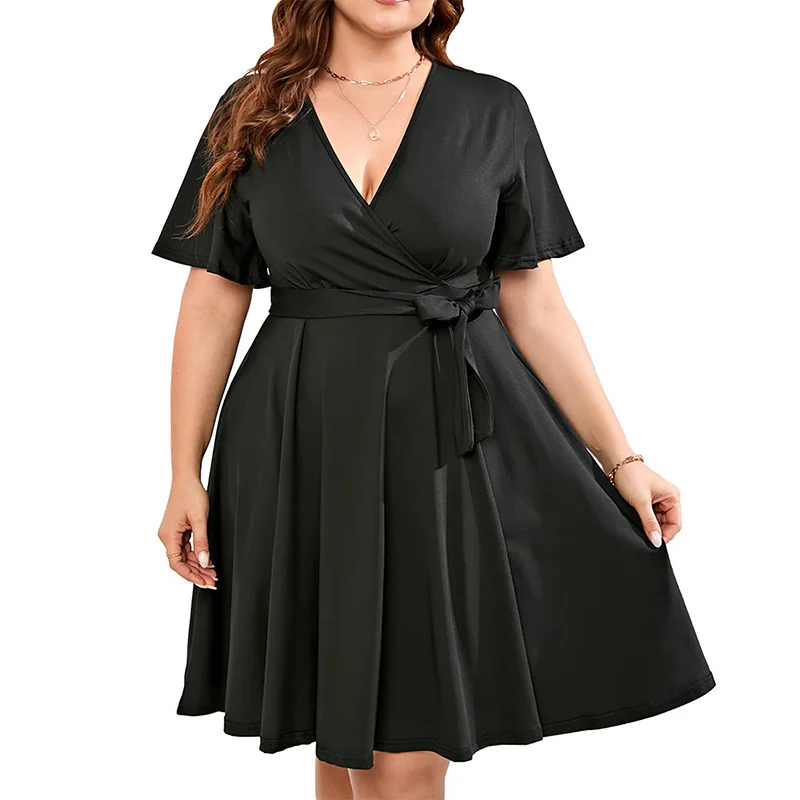 Summer Plus Size Women's Clothing Solid Color Milk Silk Casual V-Neck Sashes Bandage Short Sleeve Pullover Mid Length Dress