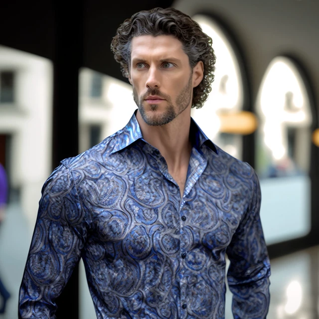 Barry.Wang Exquisite Blue Silk Paisley Men Shirt Four Seasons Lapel Long  Sleeve Embroidered Leisure Fit