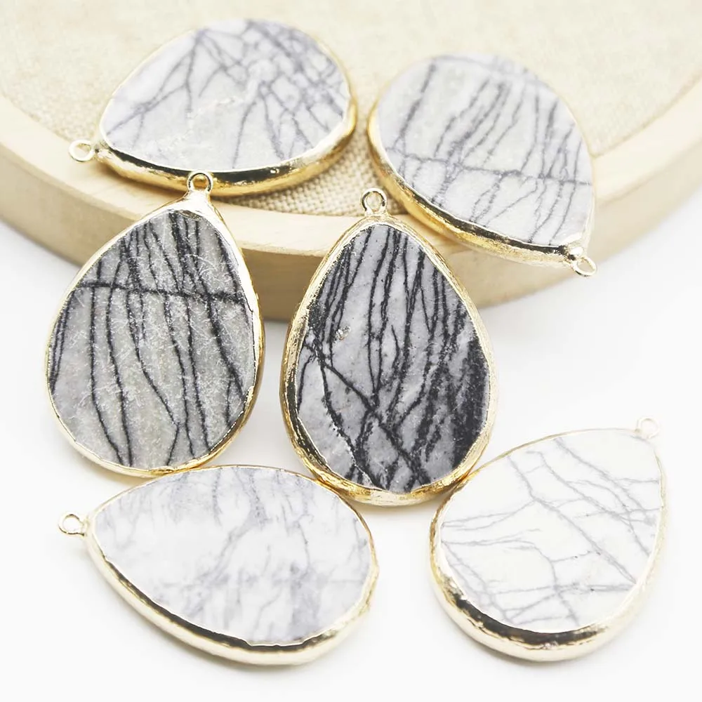 Exquisite Natural Semiprecious Stone Water Drop Black Mesh Gold Edge Pendant DIY Jewelry Accessories Wholesale 6PcsFree Shipping