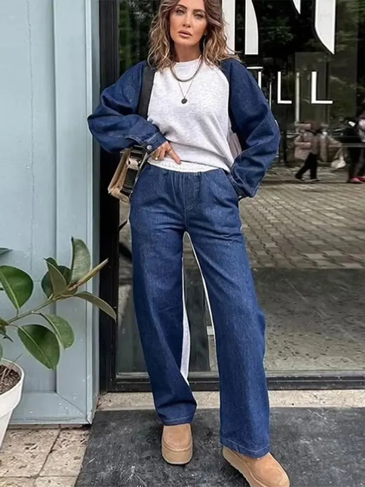 HH Women Denim Patchwork Coat Pants Suits O Neck Long Sleeve Pullover Sweatshirts Elastic Waist Trousers Autumn Office Lady Sets