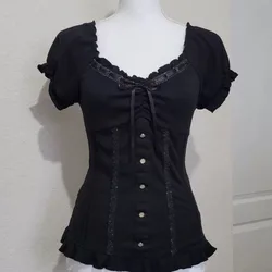 Vintage Black Bow Blouse - Women's Short Sleeve Square Neck Slim Chic Top, Elegant Casual Retro Style - XXXL (Black)