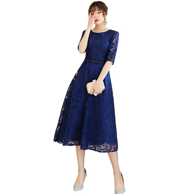 Navy Blue Bridesmaid Dress Lace Tea Length Formal Party Gown For Ladies YSM071
