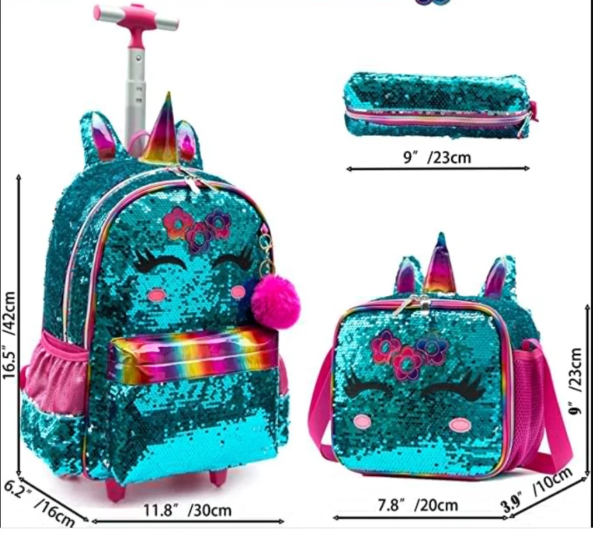 School Kids Rolling Backpack for Girls With Wheels 3 in 1 School Wheeled backpack set for girls School Trolley Bag with wheels