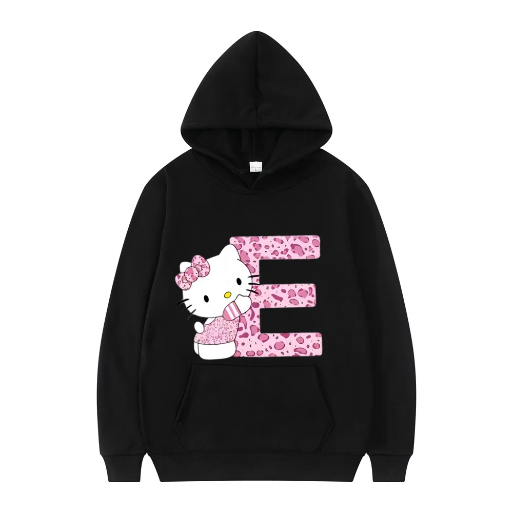 2025 Black Hello Kitty Letter A-Z Woman and Men Long-sleeved Hoodies Sanrio Hoodies Clothes Cartoon Clothes Kawaii Birthday Gift 2