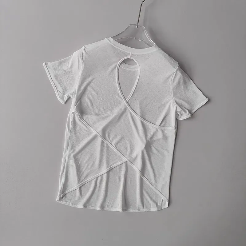 חולצת ספורט צמודה לנשים, מהירה לייבוש, בשרוול קצר, חולצת יוגה, מתאימה לפילאטיס, מתאימה לפיטנס, חולצת ריצה עם גב חורק