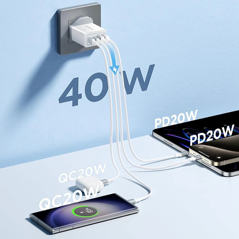 International Multi-Port USB-C/USB-A Wall Charger with Type C Cable, 40W Dual PD Fast Charging Adapter