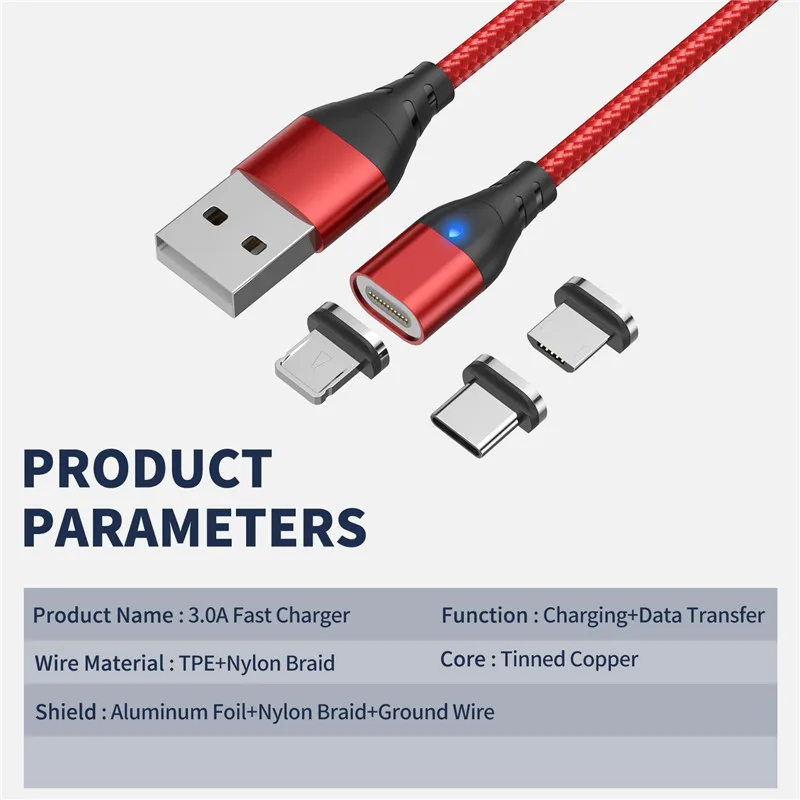 Lovebay-3A 고속 충전 자기 케이블, 마이크로 USB c형 케이블 아이폰 14 샤오미 삼성 자석 충전기 전화 데이터 코드 와이어