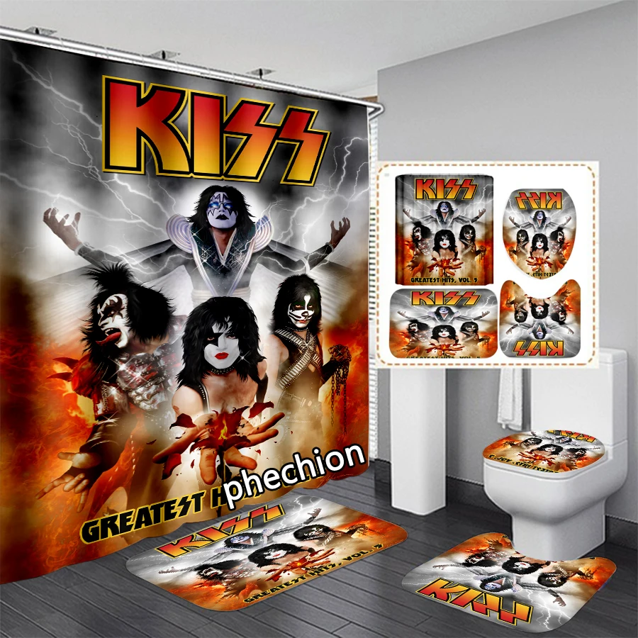 phechion Kiss Band 3D Print Waterproof Bathroom Shower Curtain Toilet Cover Mat Non-Slip Floor Mat (1/3/4Pcs) W74 5