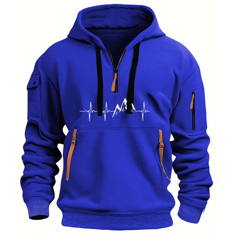Men's Mountain Heartbeat Print Hoodies Sweatshirt Spring Autumn Long Sleeve Hooded Sweatshirt Black Gray Hoodie Sportswear