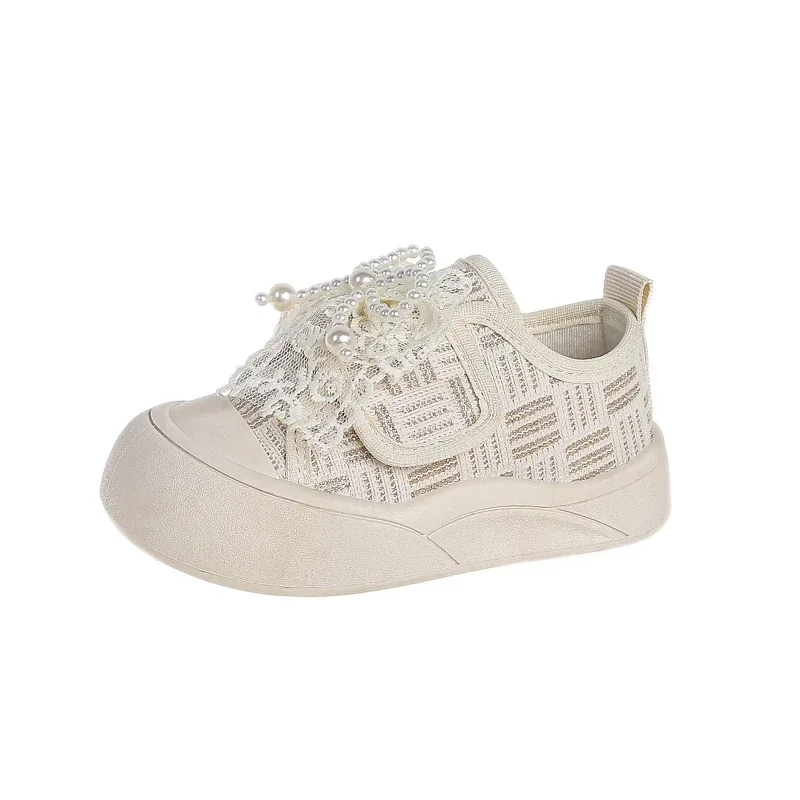 Girls Princess Shoes Sweet Lace Bows Kids Canvas Shoes Soft Bottom Non-slip 2025 New Fashion Children Flat Shoes Beading Cute