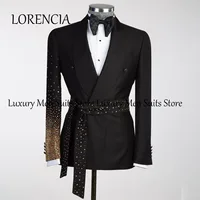Customized Men Shawl Lapel Belt Rhinestone Embellished Suits Groom Wedding Tuxedos 3 Pieces Sets Male Prom Blazers Costume Homme 1