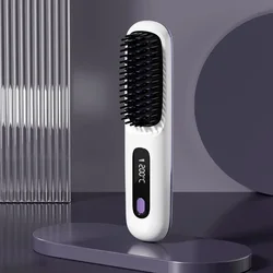 Portable Wireless Ceramic Heating Hair Straightening Brush with LCD Display and Negative Ion Technology (White)