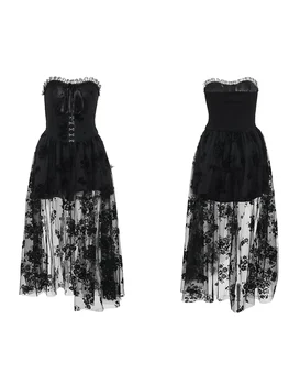 Black Lace Off Shoulder Maxi Dress for Women Vintage Victorian Gothic Embroidered Sleeveless A-Line Gown with Mesh Insets 3