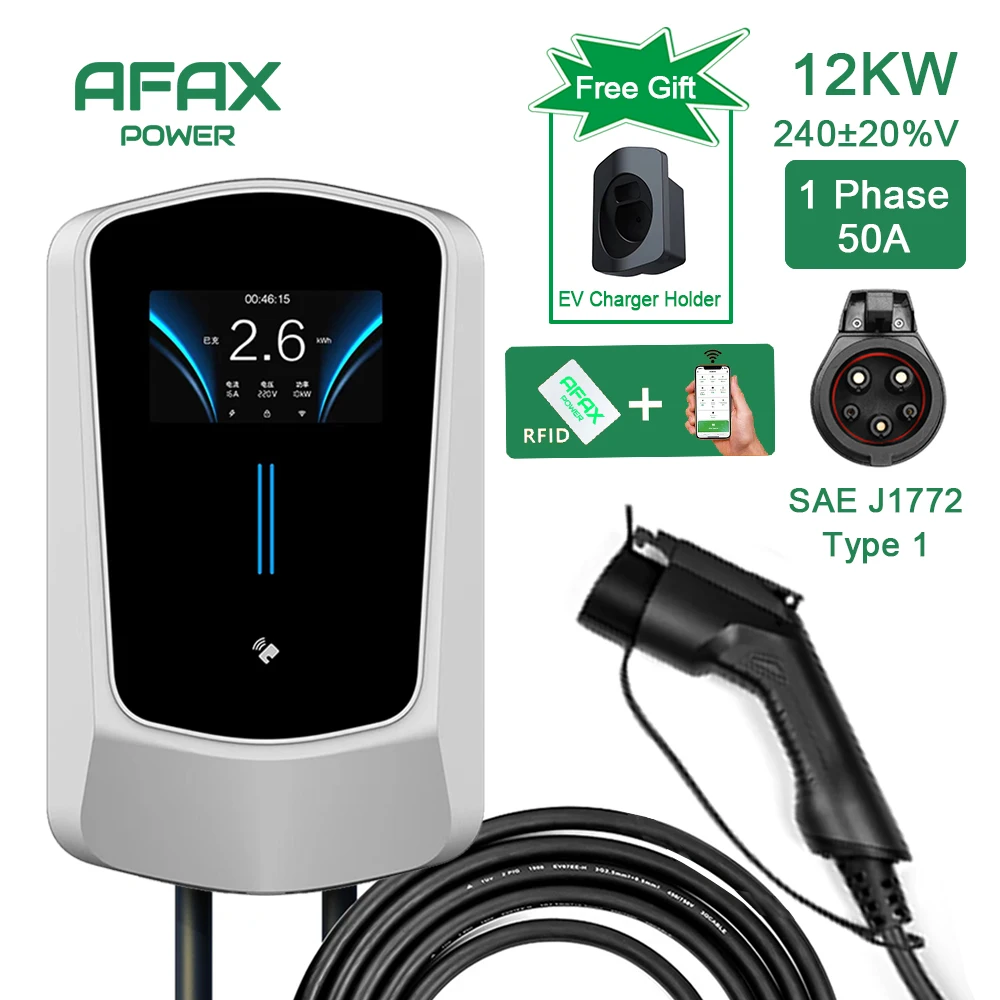 AFAX-Chargeur EV pour voiture électrique, câble de charge, 7.6 KW, 9.6 KW, 12KW, 50A, EVSE, prise SAE J1772, boîtier mural de contrôleur