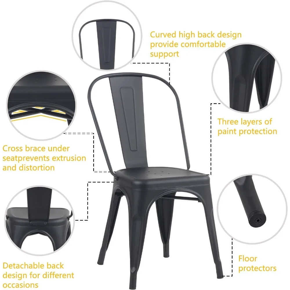 Metal Dining Chairs Set of 4 Iron Stackable Removable Back Cafe Side Patio Chairs Rubber Feet Stylish Modern Indoor
