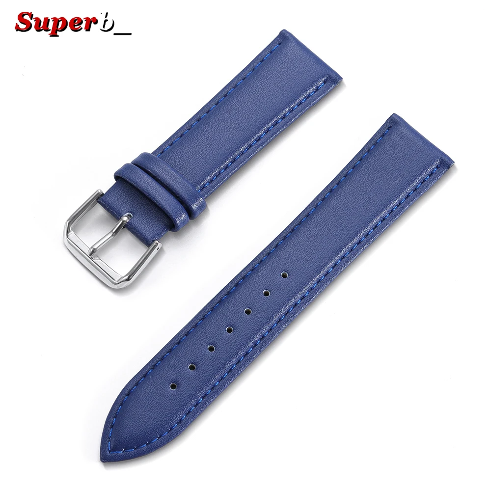 Premium Calfskin Leather Watch Strap – Soft Brown and Blue Wristband with Silver Stainless Steel Buckle
