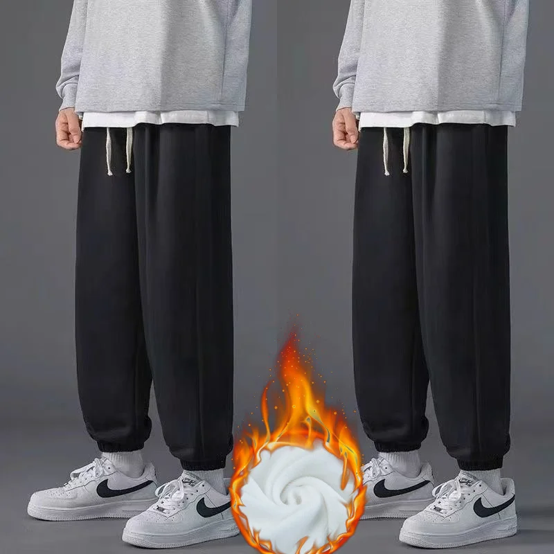 Autumn Winter New Fleece Thickened Tight Pants Men Trendy Versatile Sports Casual Drawstring Patchwork Pocket Straight Trousers