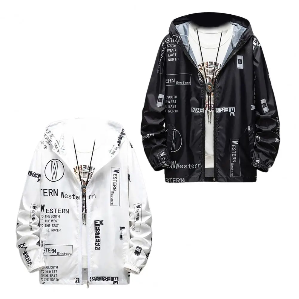Sun Protection Coat Men's Sun Protection Hooded Jacket with Quick Drying Technology Zipper Placket Letter Print Long for Fishing