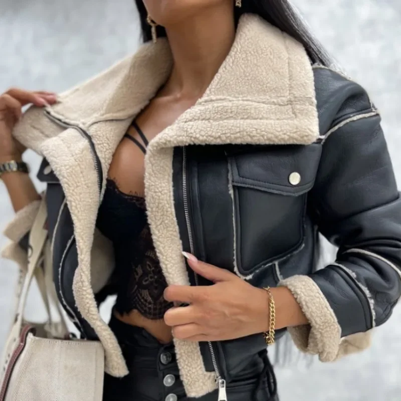 Faux Leather Jackets Women PU Short Thick Warm Black Outwear Female Aviator Retro Lapel Velvet Coat New Year Winter Tops YDL06 women bodysuits zaful faux feather lace up velvet v wired bandeau bodysuit l red