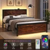 Led Bed Frame Queen/Full/King Size with Charging Station, Industrial Platform Bed Frame with Rustic Barn Door Wood Headboard 2