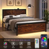 Led Bed Frame Queen/Full/King Size with Charging Station, Industrial Platform Bed Frame with Rustic Barn Door Wood Headboard 2
